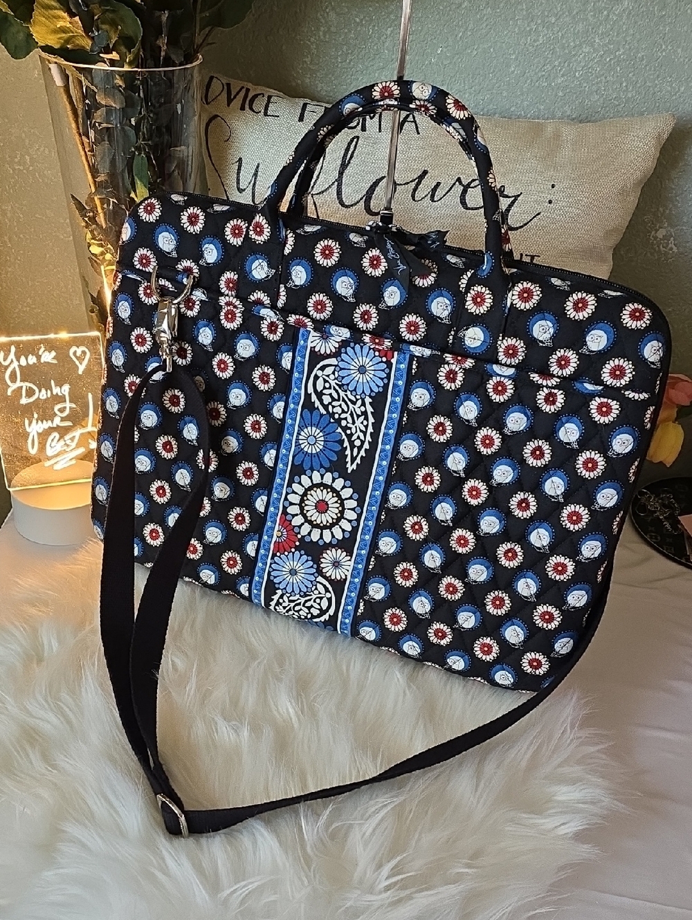 Vera Bradley Black Quilted Laptop Tote with Blue, Red and White  NWOT